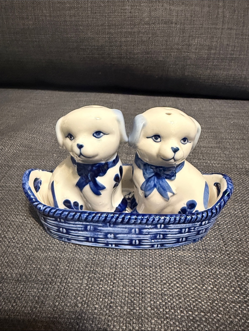 Vintage Delft Blue and White Ceramic Dog Salt & Pepper Set with Tray